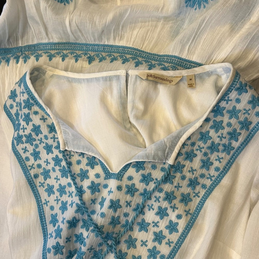 Soft Surroundings Maxi Dress Boho Sz M White Blue Embroidered Cotton Tassels - Picture 5 of 8